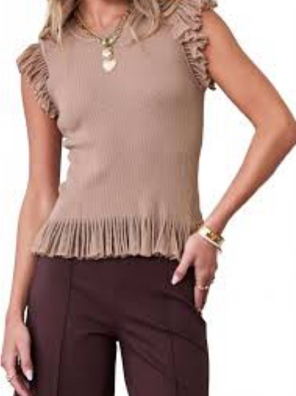 New Ruffle Ribbed Knit Top in Taupe Tan - Picture 3 of 6